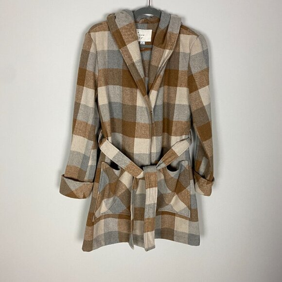 A New Day Camel Buffalo Plaid Long Trench Belted Jacket Size Small - Picture 1 of 4
